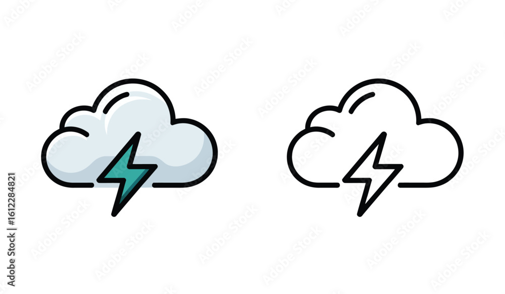 Poster weather icons depicting storm cloud and lightning graphic representations with and without color