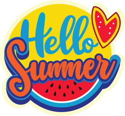 Hello Summer text with watermelon slice heart graphic greeting announcement