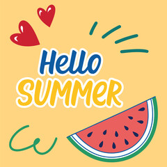 Bright and cheerful hello summer greeting with watermelon and hearts