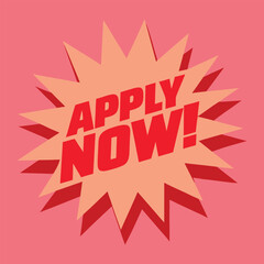 Red Apply Now text on a starburst graphic with pink vector