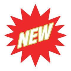 Red starburst graphic with green text N E W announcement promotion