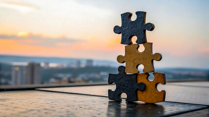 Three puzzle pieces stacked in a tower against a city skyline at sunset