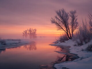 Winter sunrise scene isolated