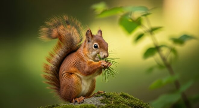 A cute squirrel with a bushy tail eats grass while sitting on a mossy rock