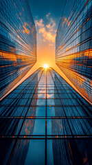 Modern glass skyscrapers reflecting dramatic sunset sky, viewed from below. Perfect for corporate branding, real estate, architecture, and urban development projects.