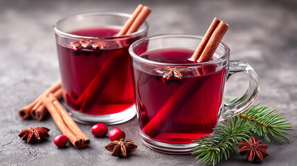 Two glass cups of mulled wine with cinnamon sticks, star anise, and fir tree branch. Perfect for Christmas menus, winter promotions, cozy lifestyle and holiday food content.