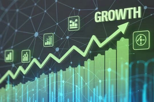 Financial Growth Chart with Upward Arrow on a Digital Technology Background