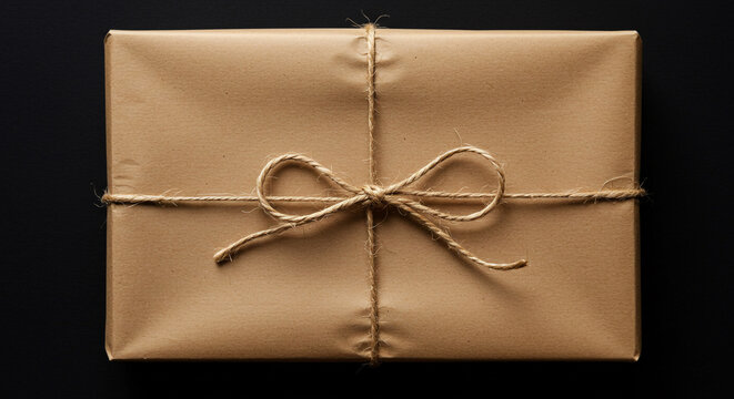 A brown paper package tied up with string on a dark surface in a studio setting close up view