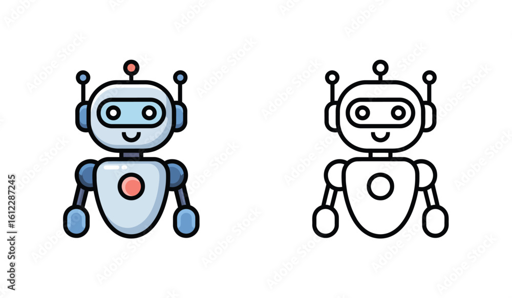 Poster cute robot character designs featuring a smiling expression and rounded shapes for a playful aesthet