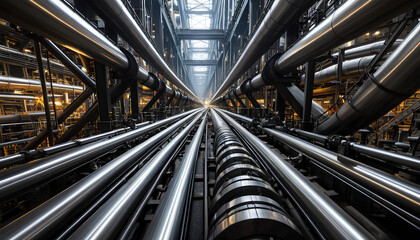 Obraz premium Shining steel pipes and machinery with rising steam, showing industrial energy