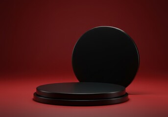 Minimalist Black Pedestal Stage with Red Background for Product Display and Presentations