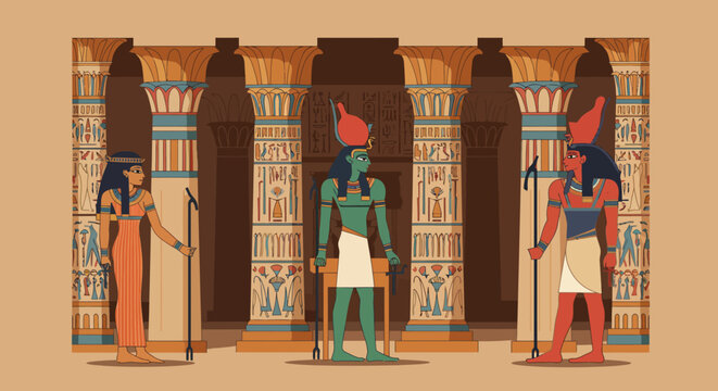 Ancient Egyptian deities Ra, Isis, and Osiris stand majestically within a grand temple adorned with hieroglyphs and ornate pillars, evoking history and mythology.