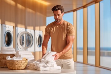 Man folding laundry in modern sunlit room with washing machines