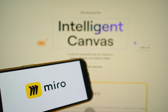 Roosendaal, The Netherlands - July 27, 2025: A mobile phone displaying the logo of Miro, a collaborative whiteboard platform, with the website in the background.