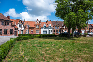 Brick stone houses in a residential borrow in the village center of Zeebrugge, West Flanders, Belgium