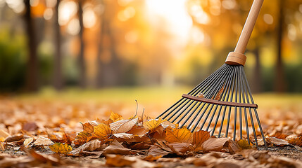 Autumn leaves being raked on a sunny day in the park. Perfect for seasonal promotions, landscaping services, gardening blogs, and fall-themed content.