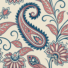 Elegant paisley pattern in soft colors featuring floral elements and intricate design on a light background Generative AI