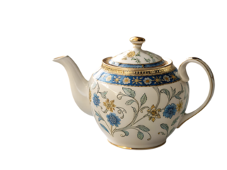 White porcelain teapot with blue and yellow floral pattern