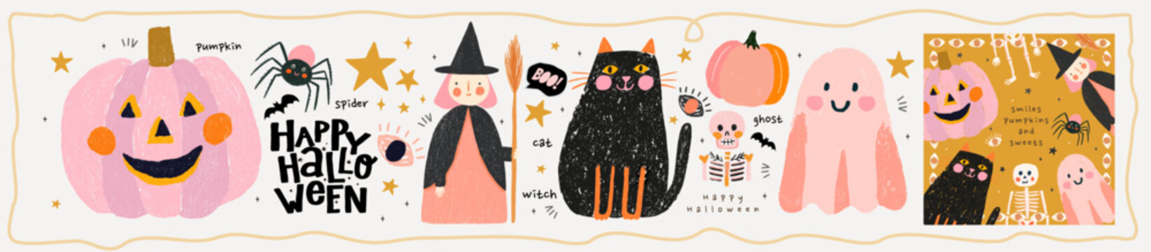 Happy Halloween. Vector cute kind adorable isolated illustrations of pumpkin, spider, witch, black cat, ghost, skeleton for greeting card and icons