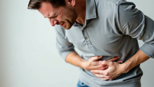 Man experiencing stomach pain while standing indoors in casual attire  