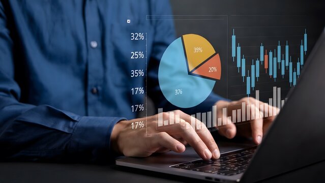 Person typing on a laptop with overlaid pie chart and stock market data visualization displayed above it