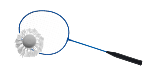 Badminton racket and ball flying, isolated on white background, clipping path	