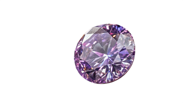 A sparkling purple gemstone with numerous facets, isolated on a transparent background