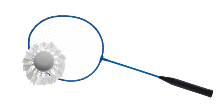 Badminton racket and ball flying, isolated on white background, clipping path	
