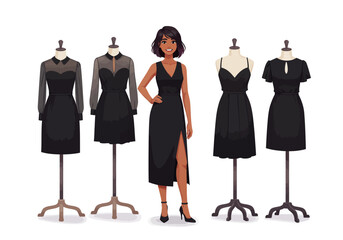 Obraz premium Elegant Black Dresses for Women Featuring Diverse Silhouettes and Stylish Details Showcasing Timeless Fashion and Sophistication in Apparel Design