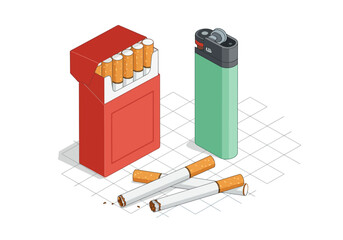 An illustration depicting a pack of cigarettes along with two loose cigarettes and a green lighter placed on a white grid background symbolizing a stark visual representation of smoking paraphernalia