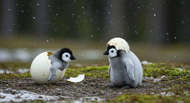 penguins on the rocks in the grass easter bunny with eggs baby  haching an egg new births in jungle