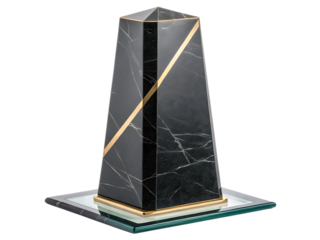 Black marble obelisk award with gold trim on glass base