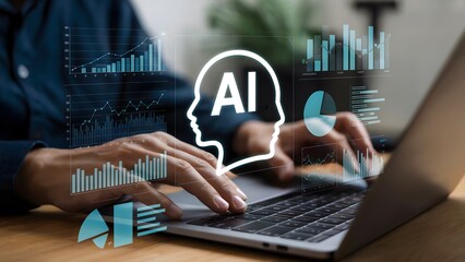 Person typing on laptop with ai head graphic and bar graph overlays representing data analysis