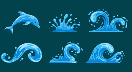 Obraz premium Dynamic blue dolphin leaping gracefully amidst stylized crashing ocean waves and refreshing water splashes, perfect for aquatic themes and summer vibes.