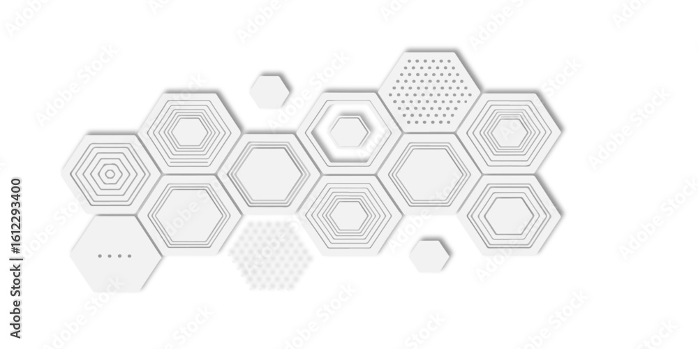 Poster white hexagons with varying patterns on a plain creating an abstract and minimalist composition whit