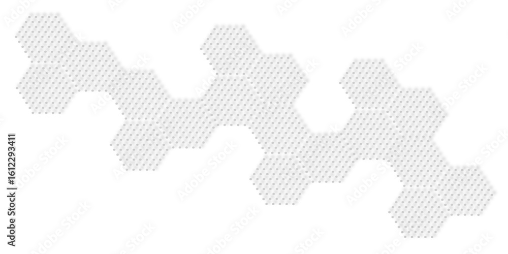 Poster hexagons filled with small gray dots in a cluster shape white background with a pattern.