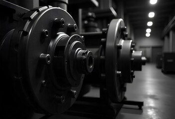 Industrial mystery: heavy-duty bolts and thick flanges emerge from deep shadows