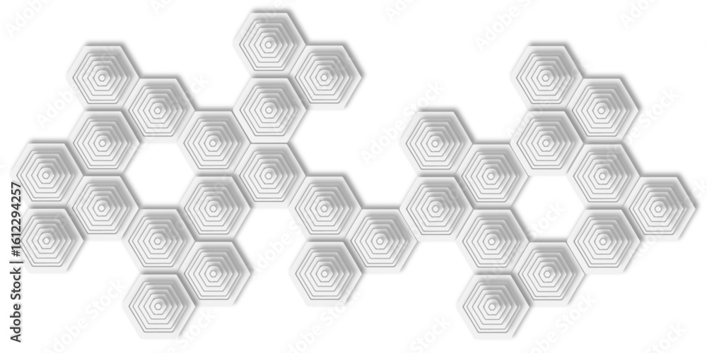 Poster abstract arrangement of white layered hexagons with creating a geometric pattern effect concentric c
