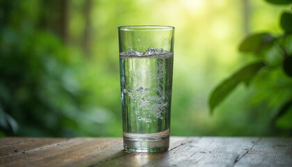Mineral water in a clear glass on the background of a green forest