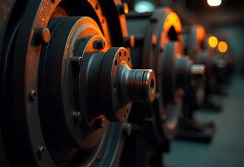 Fototapeta premium Industrial mystery: heavy-duty bolts and thick flanges emerge from deep shadows
