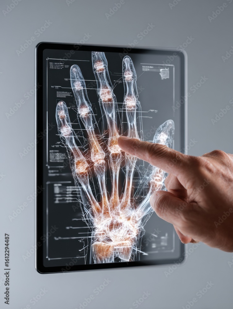 Poster tablet displaying interactive anatomy visualization of human hand bones with a hand engaged in rotat