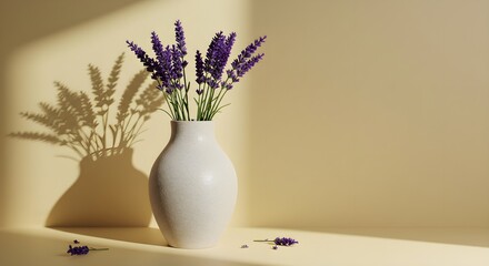Lavender blooms in vase against tan backdrop, creating floral arrangement for design, marketing, or editorial use. Shadow adds depth.