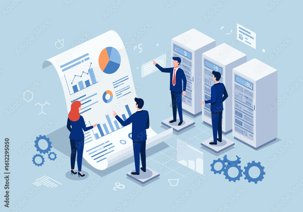 Poster team of professionals analyzing financial data and business performance metrics in a modern office e