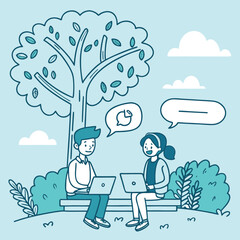 Two young adults a man and a woman sitting on a bench under a tree using laptops and communicating with speech bubbles