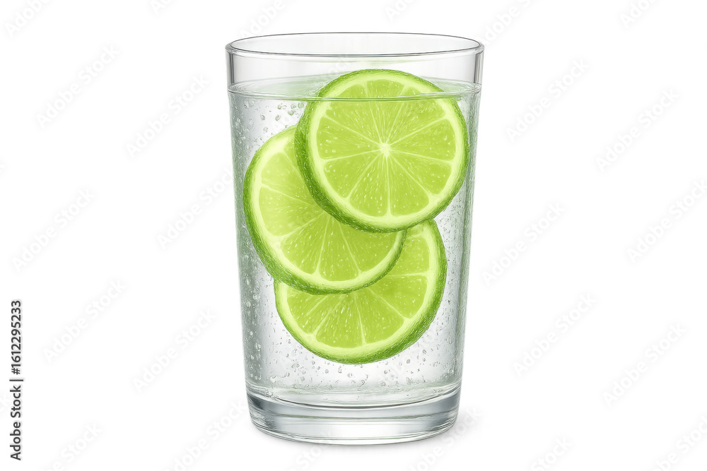 Poster refreshing sparkling water with lime slices in a glass with transparent background