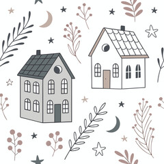 Fototapeta premium Whimsical watercolor seamless pattern with houses moons and stars home building vector