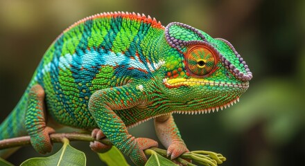 A vibrant green chameleon with colorful markings perched on a tree branch