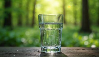 Mineral water in a clear glass on the background of a green forest