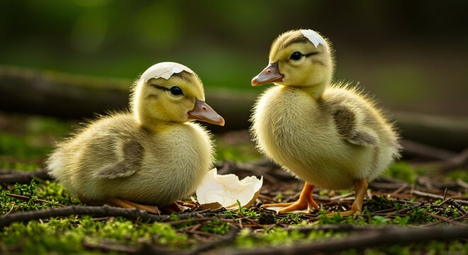 baby duck and ducklings in the grass easter bunny with eggs baby haching an egg new births in jungle - Powered by Adobe