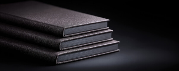 stacked black hardcover books. The image conveys a sense of knowledge and organization